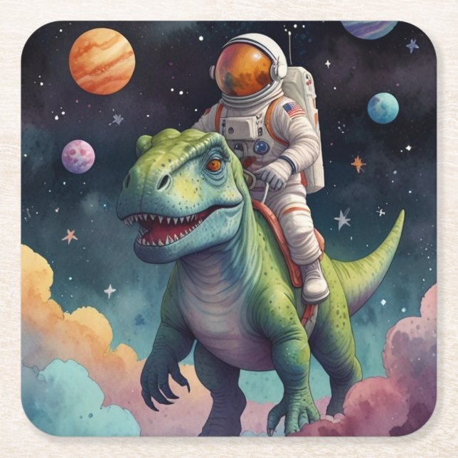 Astronaut on Dino in Space  Square Paper Coaster (Front)