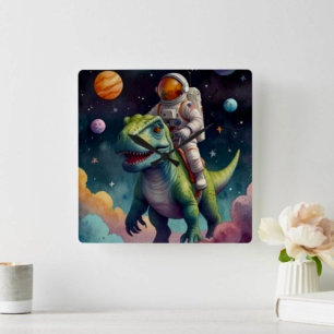 Astronaut on Dino in Space Square Wall Clock