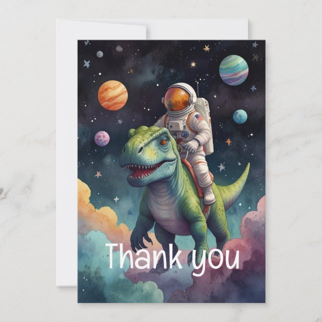 Astronaut on Dino in Space Thank You Card (Front)