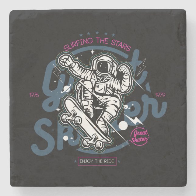 Astronaut on Skateboard | Surfing the Stars Stone Coaster (Front)