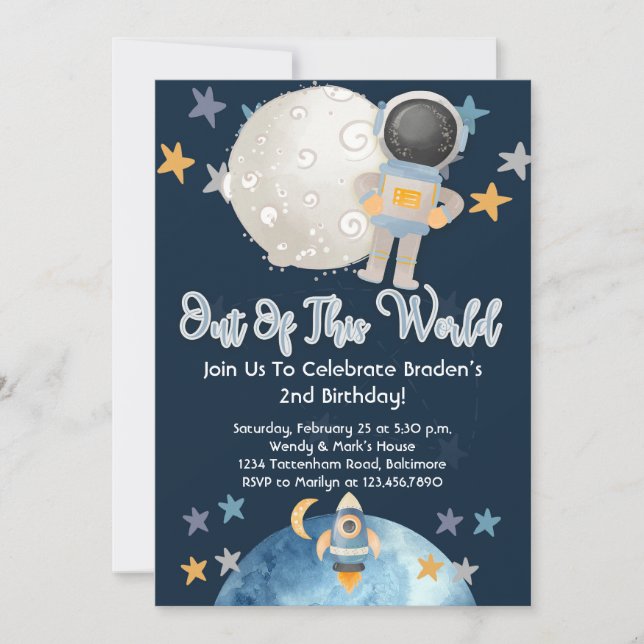 Astronaut Outer Space Birthday Invitation Blue Boy (Front)