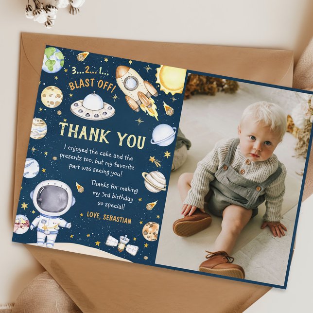 Astronaut Outer Space Birthday Party Photo Thank You Card (Creator Uploaded)