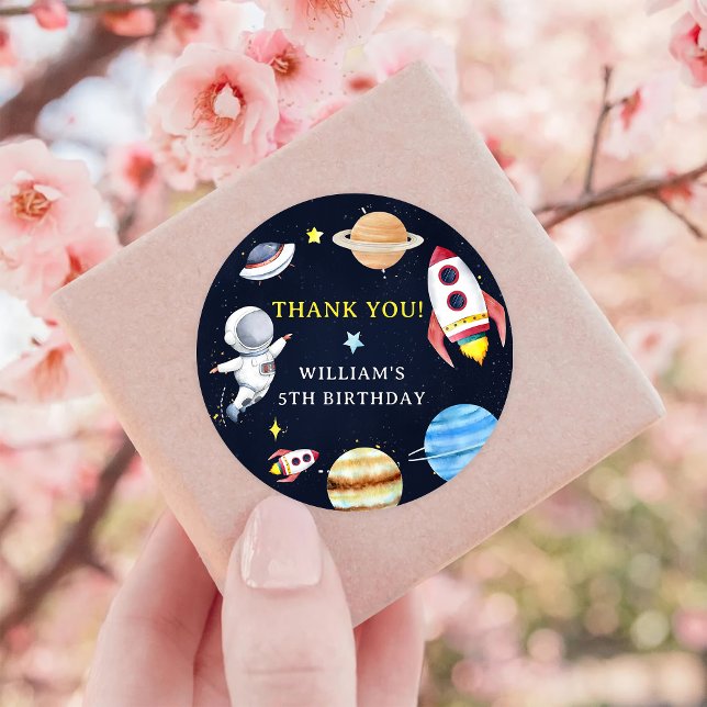 Astronaut Outer Space Birthday Thank You Classic Round Sticker (Creator Uploaded)