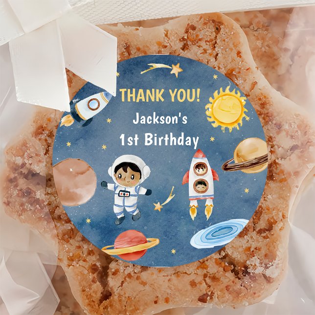 Astronaut Outer Space Birthday Thank You Classic Round Sticker (Creator Uploaded)