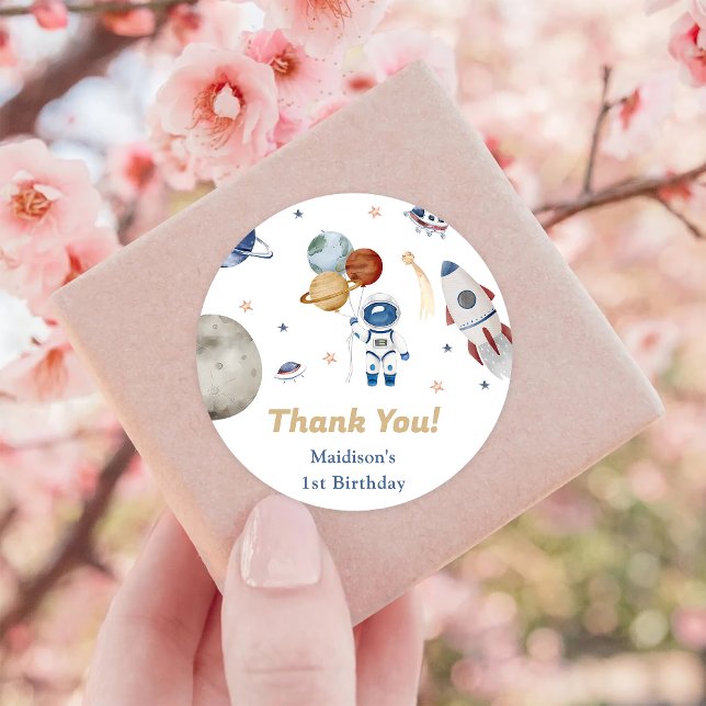 Astronaut Outer Space Birthday Thank You Classic Round Sticker (Creator Uploaded)