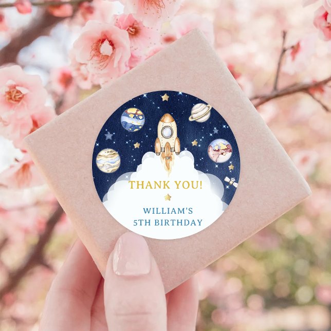 Astronaut Outer Space Birthday Thank You Classic Round Sticker (Creator Uploaded)