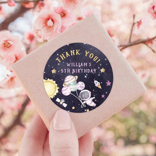 Astronaut Outer Space Birthday Thank You Classic Round Sticker (Creator Uploaded)