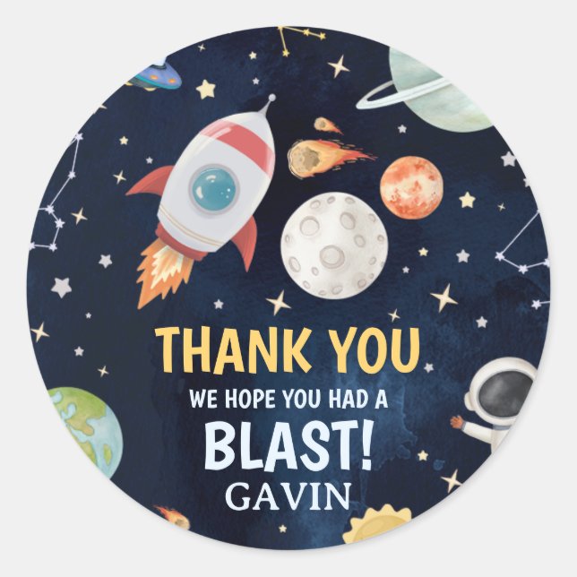 Astronaut Outer Space Blast Off Birthday Party Classic Round Sticker (Front)