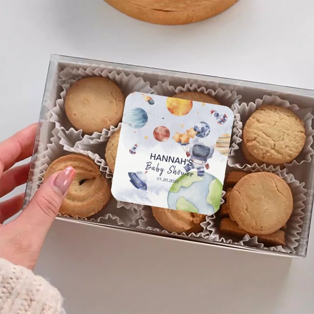 Astronaut Outer Space Boy Baby Shower Party Square Sticker (Astronaut Outer Space Boy Baby Shower Party Square Sticker)