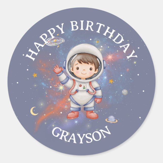 Astronaut Outer Space Boy Birthday Classic Round Sticker (Front)