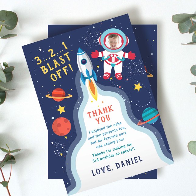 Astronaut Outer Space Boy Photo Birthday Thank You Card (Creator Uploaded)