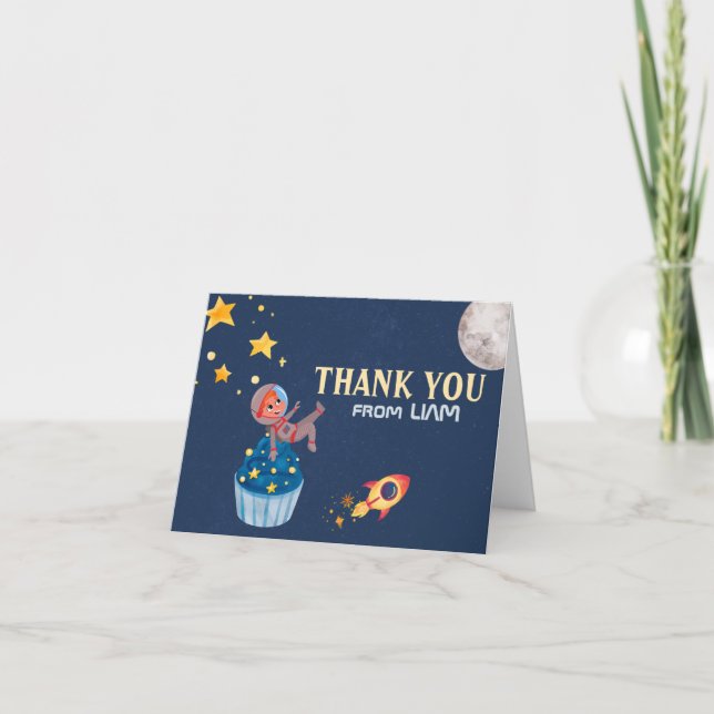 Astronaut Outer Space Kid's Birthday Thank You Card (Front)