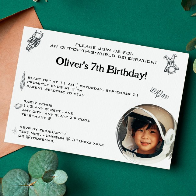 Astronaut Outer Space Minimalist 1 photo Birthday Invitation (Creator Uploaded)