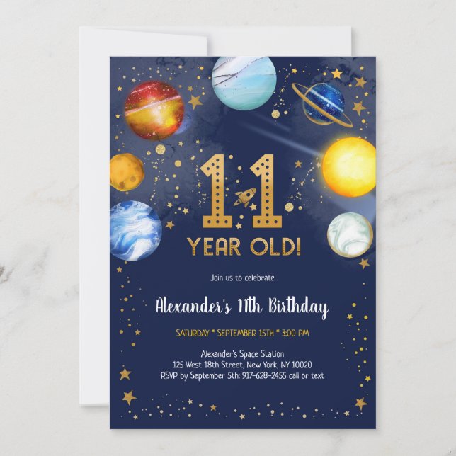 Astronaut Outer Space Planet Galaxy 11th Birthday Invitation (Front)