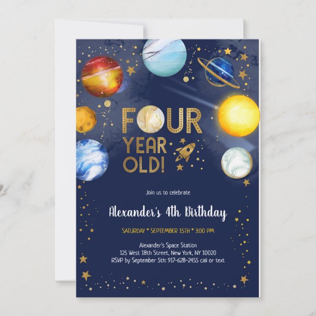 Astronaut Outer Space Planet Galaxy 4th Birthday Invitation (Front)