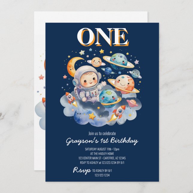 Astronaut Outer Space Planets Boy 1st Birthday Invitation (Front/Back)