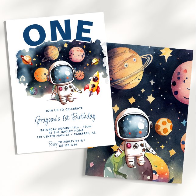 Astronaut Outer Space Planets Boy 1st Birthday Invitation (Creator Uploaded)
