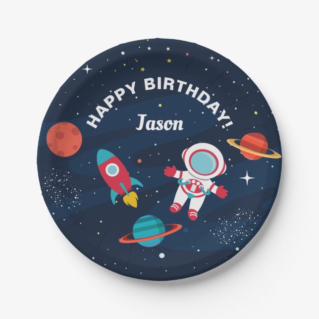 Astronaut Outer Space Rocket Ship Birthday Paper Plate (Front)