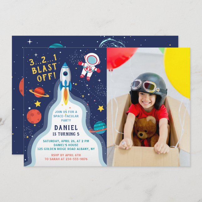 Astronaut Outer Space Rocket Ship Birthday Photo Invitation (Front/Back)