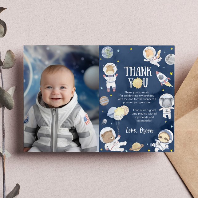 Astronaut Outer Space Safari Birthday Photo Thank You Card (Creator Uploaded)