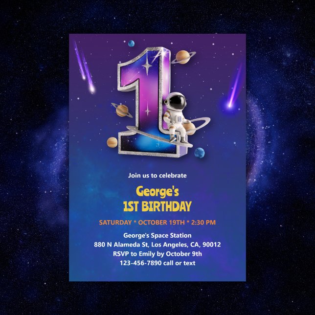 Astronaut Outer Space Themed Boy 1st Birthday Invitation (Astronaut Outer Space Themed Boy 1st Birthday Invitation)