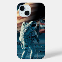 Astronaut placing a flag in saturn Phone Case