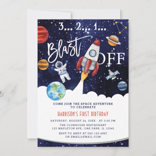Astronaut Planet  Rocket Outer Space 1st Birthday Invitation (Front)