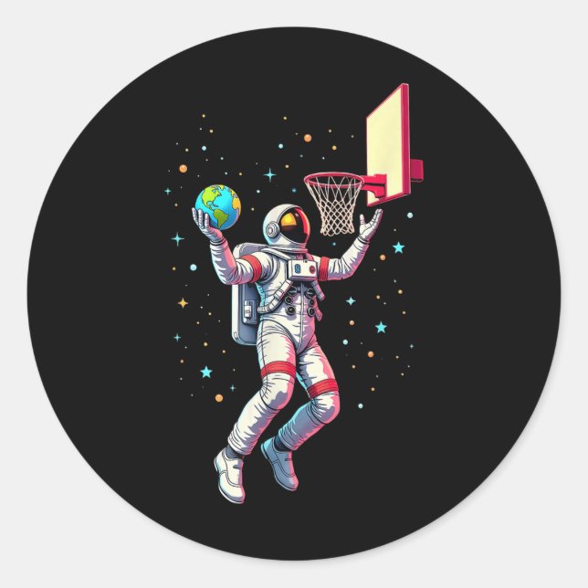 Astronaut Playing Basketball Planets Outer Space _ Classic Round Sticker (Front)