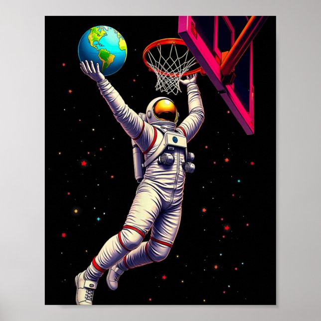 Astronaut Playing Basketball Planets Outer Space  Poster (Front)