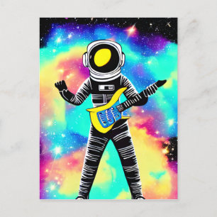 Astronaut playing electric guitar in space postcard