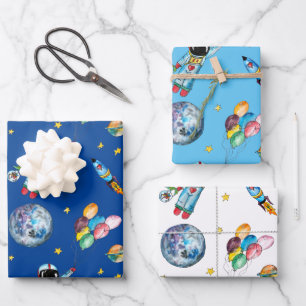 Astronaut Rainbow Balloons Rocket Space Kids Blue Wrapping Paper Sheet