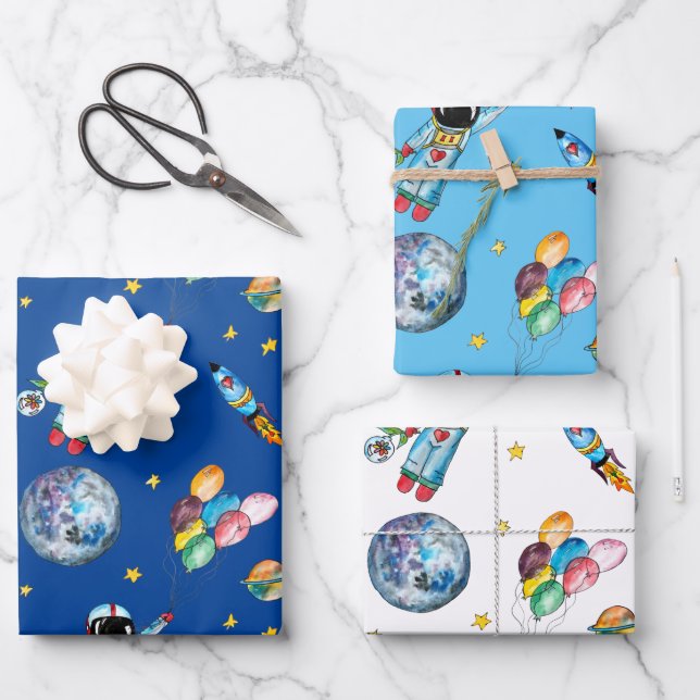 Astronaut Rainbow Balloons Rocket Space Kids Blue Wrapping Paper Sheet (Front)
