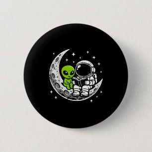 Astronaut reading book alien moon space  6 cm round badge