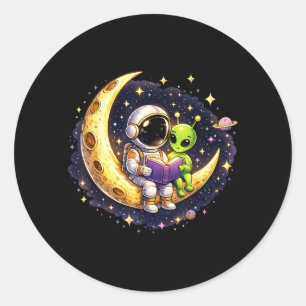 Astronaut Reading Book to Alien Moon Space Classic Round Sticker