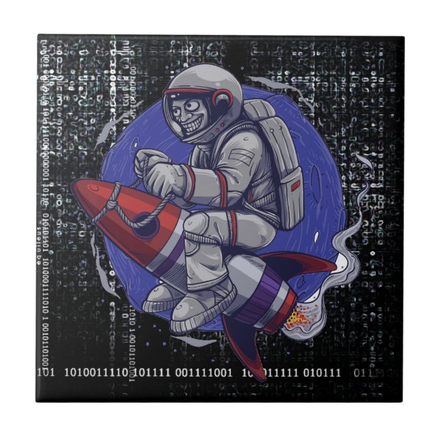 Astronaut Rides a Rocket – Witty Retro Space  Ceramic Tile (Front)