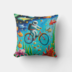 Astronaut riding a bibicle in the sea colourful po cushion