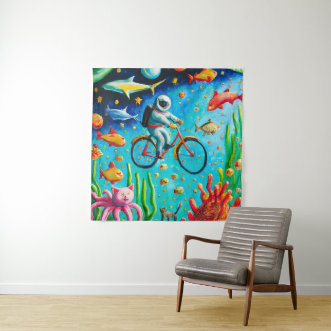 Astronaut riding a bibicle in the sea colourful po tapestry (In Situ)