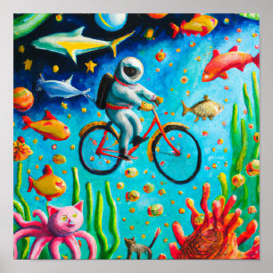 Astronaut riding a bibicle in the sea colourful poster