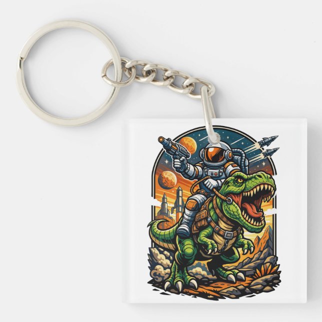 Astronaut Riding a T-Rex – Epic Space Dinosaur Key Ring (Front)