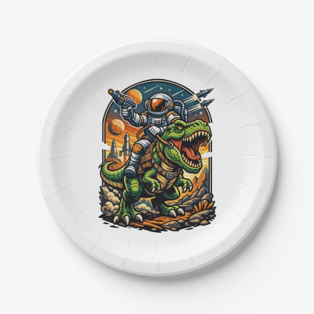 Astronaut Riding a T-Rex – Epic Space Dinosaur Paper Plate (Front)