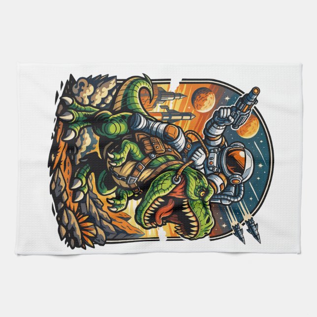 Astronaut Riding a T-Rex – Epic Space Dinosaur Tea Towel (Horizontal)