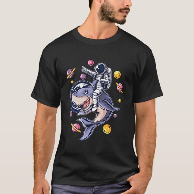 Astronaut Riding Shark In Outer Space Birthday Gif T-Shirt (Front)