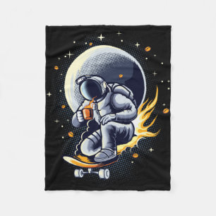Astronaut Riding Skateboard With Coffee Fleece Blanket