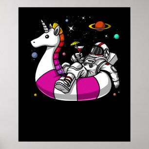 Astronaut Riding Unicorn Float Space Pool Party Poster