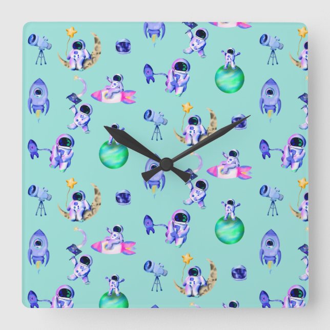 Astronaut rocket earth space square wall clock (Front)
