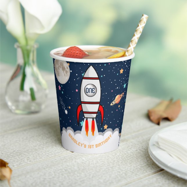 Astronaut Rocket Outer Space 1st Birthday Paper Cups (Insitu)