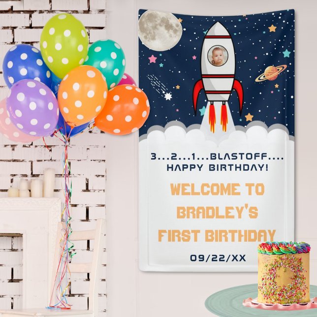 Astronaut Rocket Outer Space 1st Birthday Photo Banner (Creator Uploaded)