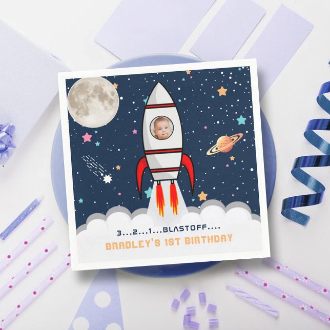 Astronaut Rocket Outer Space 1st Birthday Photo Napkin (Creator Uploaded)