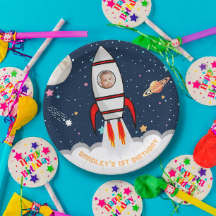 Astronaut Rocket Outer Space 1st Birthday Photo Paper Plate