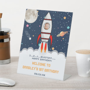 Astronaut Rocket Outer Space 1st Birthday Photo Pedestal Sign